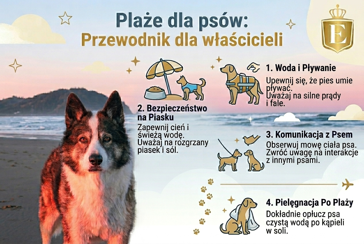 Plaże dla psów w Polsce – infografika z zasadami bezpieczeństwa, kąpieli psa w morzu i zachowania na psiej plaży