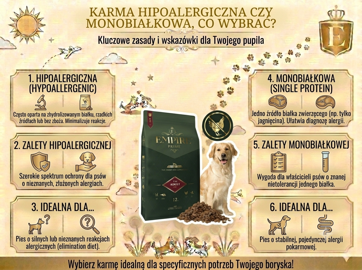 Infografika porównująca karmę hipoalergiczną i monobiałkową dla psa. Przedstawia różnice między recepturą hipoalergiczną opartą na hydrolizowanym białku lub rzadkich źródłach białka a karmą monobiałkową zawierającą jedno źródło białka zwierzęcego, a także wskazuje, dla jakich psów każde rozwiązanie może być odpowiednie.