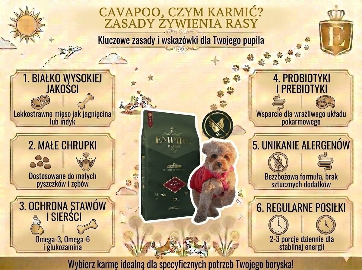 Infografika przedstawiająca zasady żywienia Cavapoo, w tym wybór lekkostrawnego białka, małych granulek, składników wspierających stawy i sierść, probiotyków i prebiotyków, ograniczanie potencjalnych alergenów oraz regularne podawanie 2–3 posiłków dziennie.