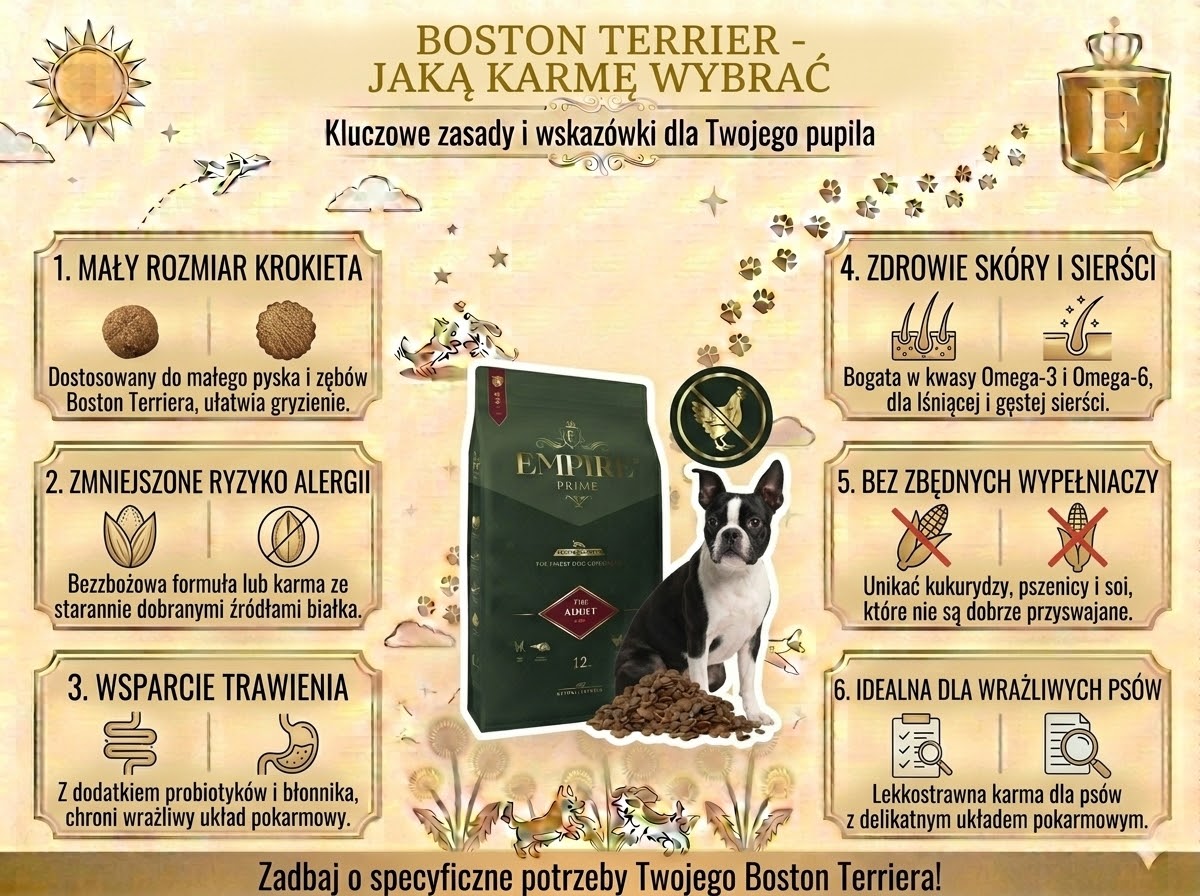 Boston terrier – jaką karmę wybrać? Infografika przedstawiająca zasady żywienia rasy, w tym odpowiedni rozmiar krokieta, wsparcie trawienia oraz zdrowia skóry i sierści.